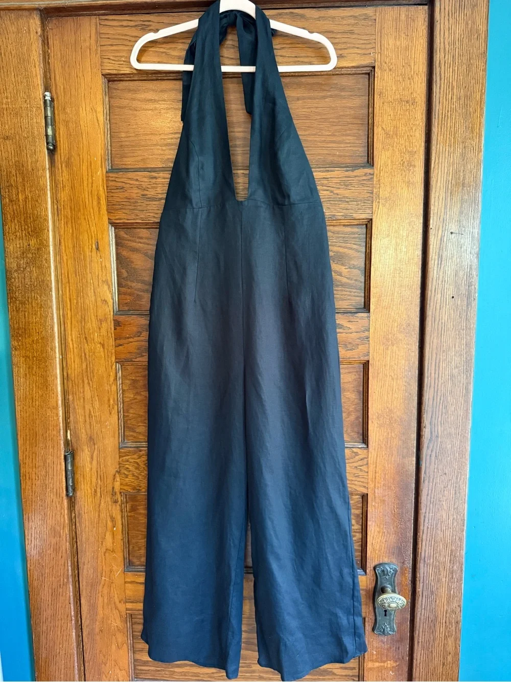 WILFRED 100% Linen Plunging V Neck Cropped Wide Leg Halter Jumpsuit Black 8